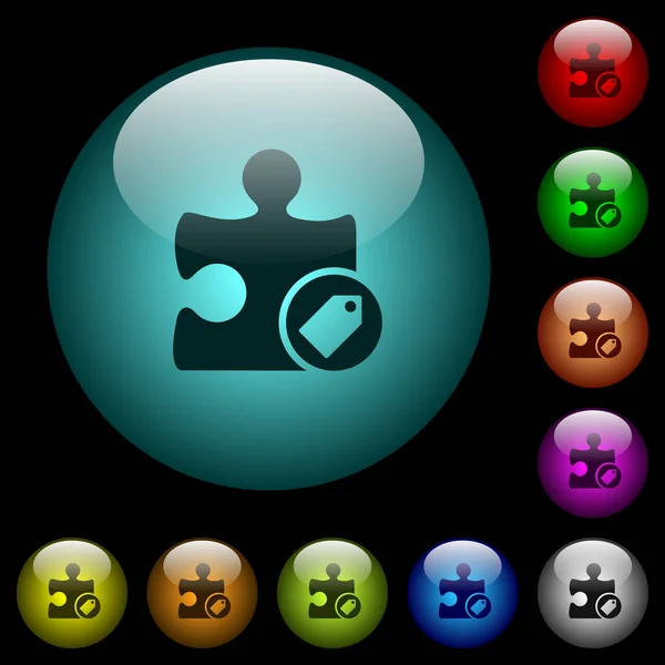 在黑色背景上的彩色照明球面玻璃按钮的标签插件图标 可用于黑色或深色模板 — 图库矢量图片