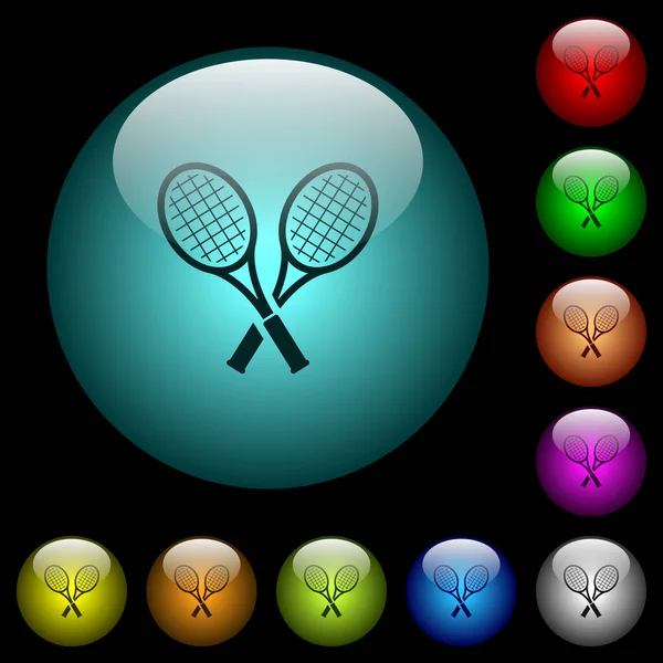 Zwei Tennisschläger Symbole Farbe Beleuchteten Kugelförmigen Glasknöpfen Auf Schwarzem Hintergrund — Stockvektor