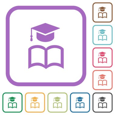 Beyaz arkaplanda renkli yuvarlak kare çerçeveli kitap simgelerine sahip mezuniyet başlığı