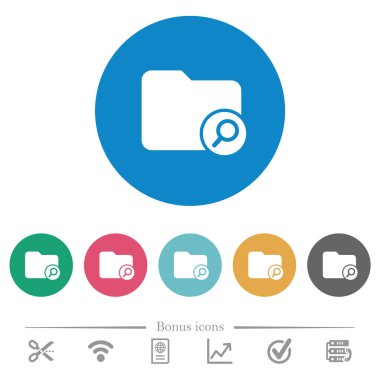 Yuvarlak renk arkaplanlarında dizin düz beyaz simgeleri bul. 6 bonus simgesi dahil.