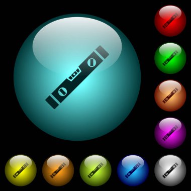 Siyah arkaplandaki renkli küresel cam düğmelerde ruh seviyesi simgeleri. Siyah ya da koyu şablonlar için kullanılabilir