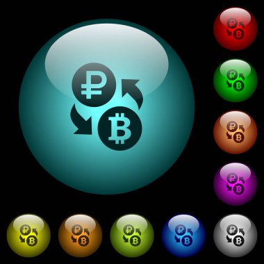 Ruble Bitcoin para değişimi simgeleri siyah arkaplanda renkli küresel cam düğmeler. Siyah ya da koyu şablonlar için kullanılabilir