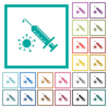 Beyaz arkaplanda çeyrek çerçeveli antiviral enjeksiyon düz renk simgeleri