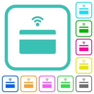 Temassız kredi kartı beyaz arkaplandaki eğimli sınırlarda canlı renkli düz simgeler