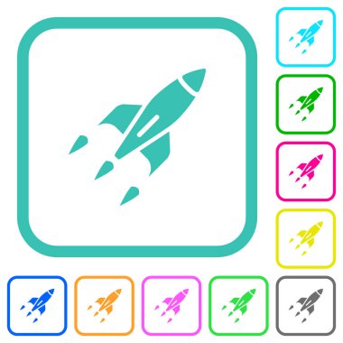 Beyaz arkaplanda eğimli sınırlarda roket renkli düz simgeler