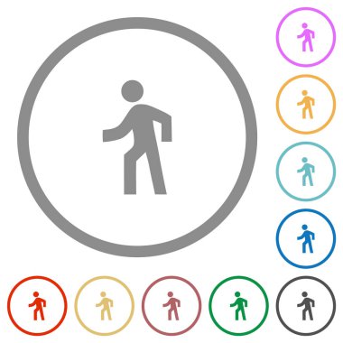 Beyaz arkaplanda yuvarlak çizgilerle sol düz renk simgelerinde yürüyen adam