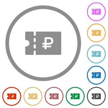Beyaz arkaplanda yuvarlak ana hatlarla Rus Ruble indirim kuponu düz renk simgeleri