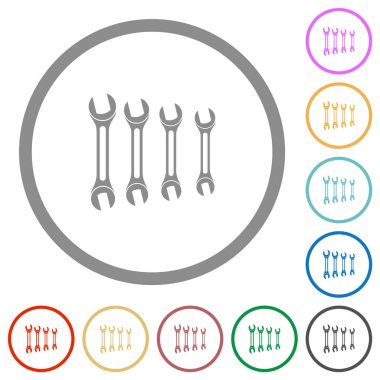 İngiliz anahtarlarının düz renk simgeleri beyaz arkaplanda yuvarlak çizgilerde