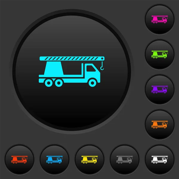 暗い灰色の背景に鮮やかな色のアイコンとクレーントラックの暗いプッシュボタン — ストックベクタ