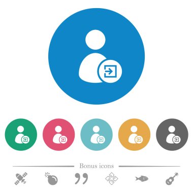 Yuvarlak renk arkaplanlarına kullanıcı verisi düz beyaz simgeleri aktar. 6 bonus simgesi dahil.