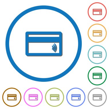 Temassız kredi kartı düz renk vektörü simgeleri. Beyaz arkaplanda yuvarlak çizgiler halinde gölgeler.