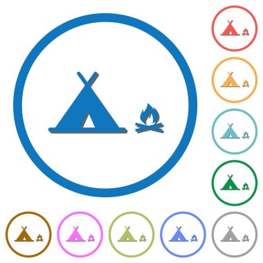 Beyaz arkaplan üzerinde yuvarlak çizgiler içinde gölgeli düz renk vektör simgeleri kamp