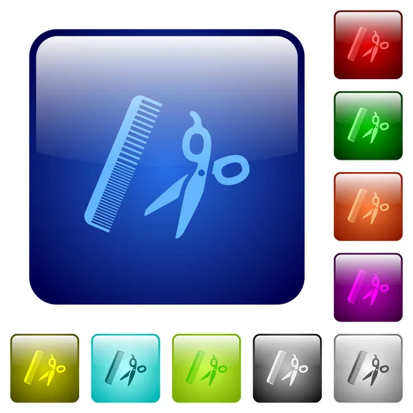 Comb Scissors Icons Rounded Square Color Glossy Button Set — Stock Vector