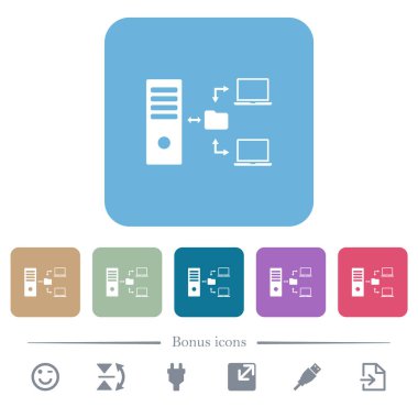 Renkli yuvarlak kare arkaplan üzerinde sunucu beyazı simgeleri olan ağ dosya sistemi. 6 bonus simgesi dahil