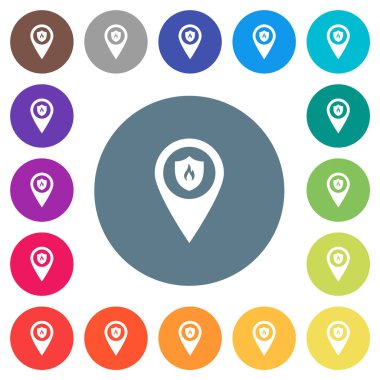 İtfaiye merkezi GPS haritası düz beyaz simgeler yuvarlak renkli arka planda. 17 arkaplan renk varyasyonu dahil.