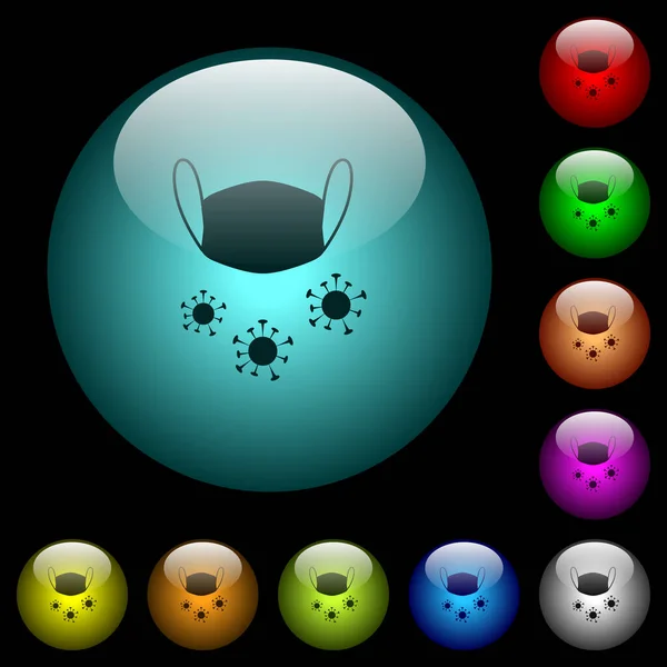 의료용 마스크와 코로나 바이러스 아이콘은 버튼을 비추었다 검거나 어두운 템플릿에 — 스톡 벡터