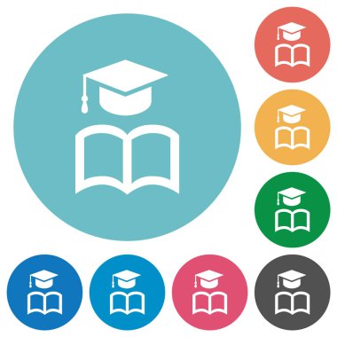 Yuvarlak renk arkaplanda düz beyaz simgelerle mezuniyet başlığı