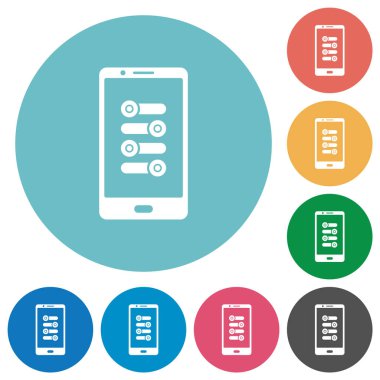 Yuvarlak renk arkaplanındaki mobil ince ayar düz beyaz simgeler