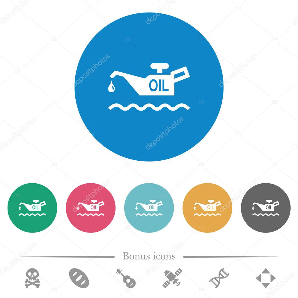 Oil level indicator flat white icons on round color backgrounds. 6 bonus icons included.