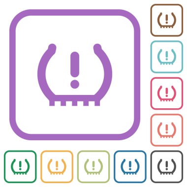 Otomobil lastiği uyarı göstergesi. Beyaz arkaplandaki renkli yuvarlak kare çerçeveler basit simgeler