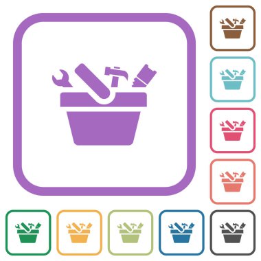 Beyaz arkaplanda renkli yuvarlak kare çerçeveli basit simgeler