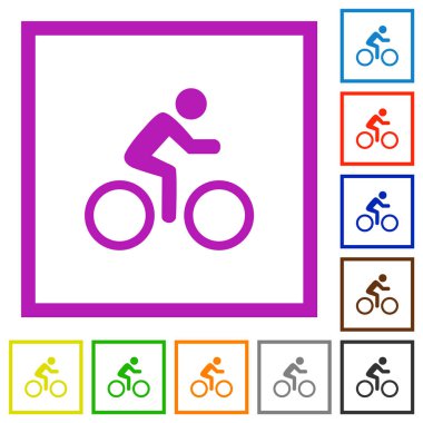 Beyaz arkaplanda kare çerçeveli binici düz renk simgelerine sahip bisiklet