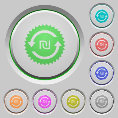 Çökmüş düğmelerdeki yeni Shekel geri ödeme garantisi etiketi simgeleri