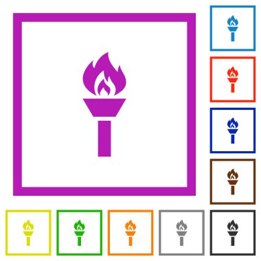 Beyaz arkaplanda kare çerçevelerdeki düz renk simgelerini meşalele
