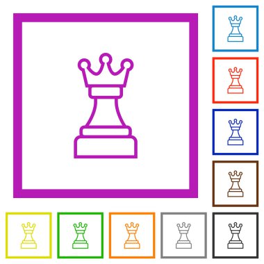 Beyaz arkaplanda kare çerçeveli beyaz satranç kraliçesi düz renk simgeleri