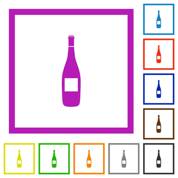 Bottiglia Vino Con Uva Icone Colori Piatti Cornici Quadrate Sfondo — Vettoriale Stock