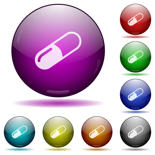 Pill Εικονίδια Στο Χρώμα Γυάλινα Κουμπιά Σφαίρα Σκιές — Διανυσματικό Αρχείο