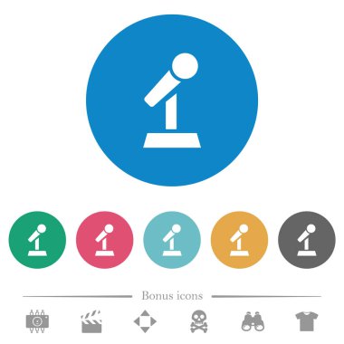 Yuvarlak renkli arka planda düz beyaz simgeleri olan mikrofon. 6 bonus simgesi dahil.