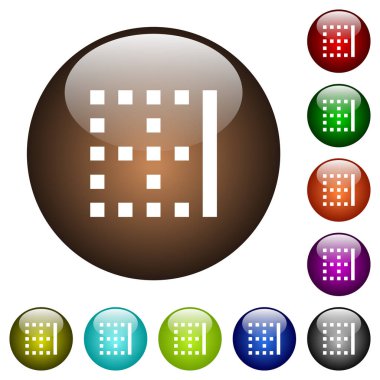 Çeşitli renklerde yuvarlak cam düğmelerdeki kenarlık beyaz simgeleri