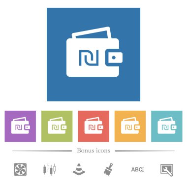 İsrail 'in yeni Shekel cüzdanı kare arkaplanlarda bembeyaz simgeler. 6 bonus simgesi dahil.