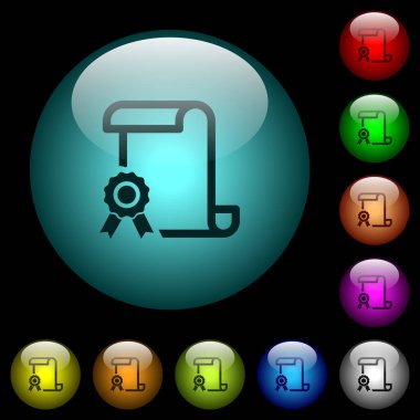 Siyah arkaplandaki renkli küresel cam düğmelerle sol simgeler üzerine sertifika ile kaydır. Siyah ya da koyu şablonlar için kullanılabilir