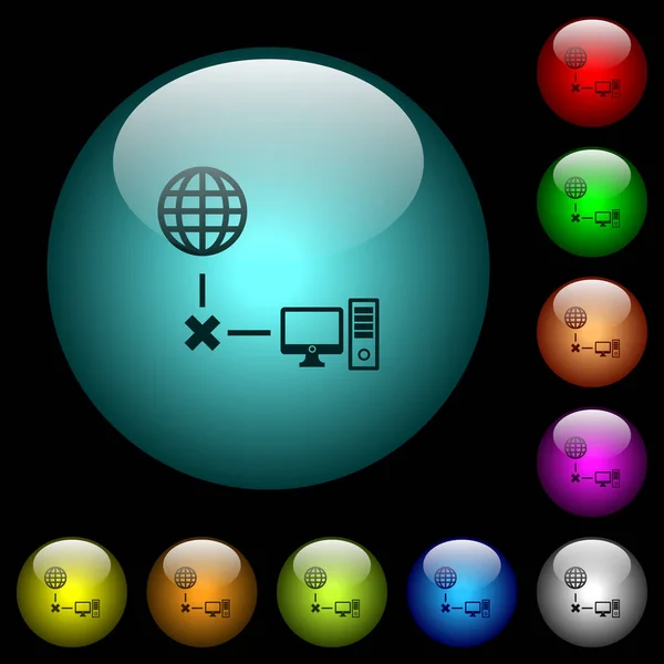 在黑色背景的彩色照明球面玻璃按钮中的离线计算机图标 可用于黑色或深色模板 — 图库矢量图片