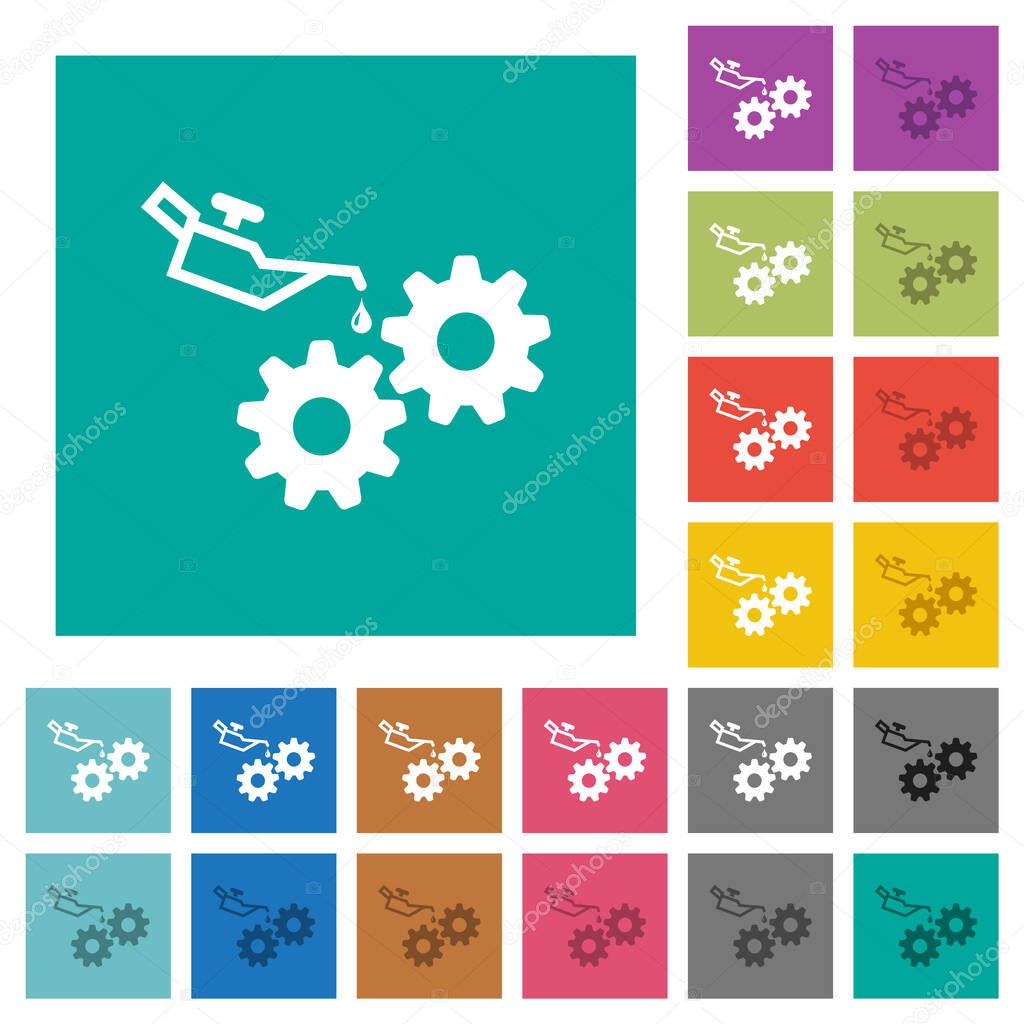 Oiler can and gears multi colored flat icons on plain square backgrounds. Included white and darker icon variations for hover or active effects.