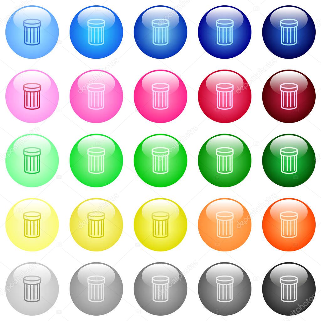 Trash icons in set of 25 color glossy spherical buttons