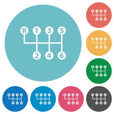 Altı hız manuel vites kaydırma düz beyaz simgeler yuvarlak renk arkaplan