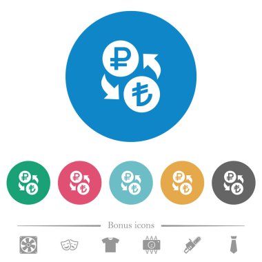 Ruble Lira para değişimi yuvarlak renkli arka planda düz beyaz simgeler. 6 bonus simgesi dahil.