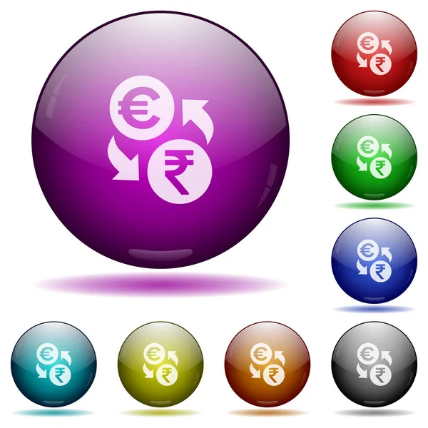Euro Rupee Pengar Utbyta Ikoner Färg Glas Sfär Knappar Med — Stock vektor