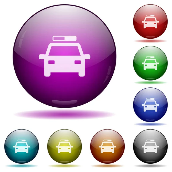Ikony Samochodów Policyjnych Kolorze Szklanym Kuli Przyciski Cieniami — Wektor stockowy