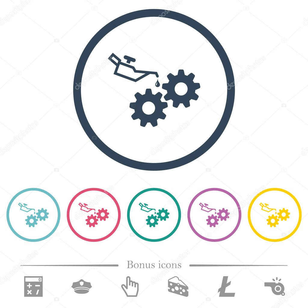 Oiler can and gears flat color icons in round outlines. 6 bonus icons included.