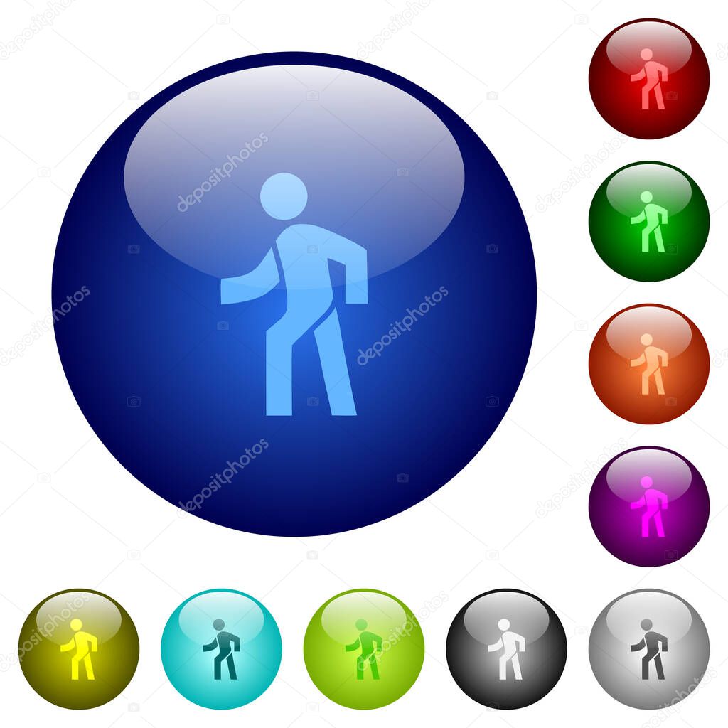 Man walking left icons on round glass buttons in multiple colors. Arranged layer structure
