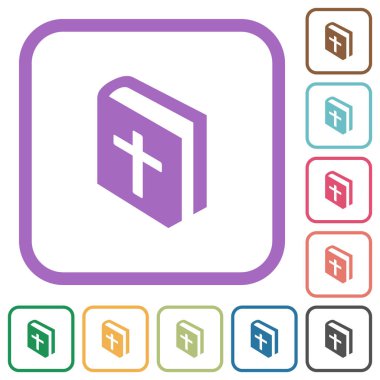 Beyaz arkaplanda renkli yuvarlak kare çerçeveli kutsal İncil simgeleri