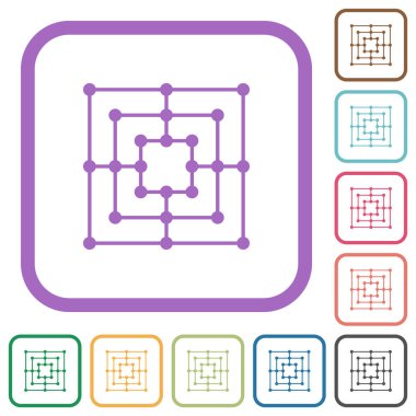 Dokuz erkek Morris oyun tahtası beyaz arkaplanda yuvarlak kare çerçeveli basit simgeler
