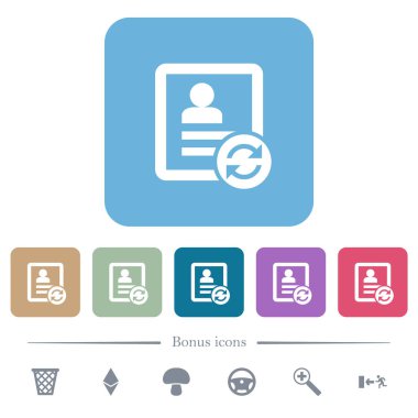 Renkli yuvarlak kare arkaplan üzerine beyaz düz simgeleri tazele. 6 bonus simgesi dahil