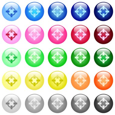 25 renkli parlak küresel düğme kümesinde hedef simgeleri