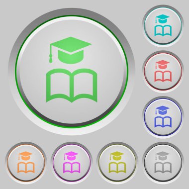 Çökmüş düğmelerde kitap rengi simgelerini içeren mezuniyet başlığı