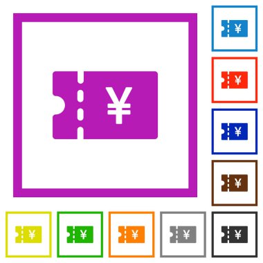 Beyaz arkaplanda kare çerçeveli Japon Yen indirim kuponu düz renk simgeleri